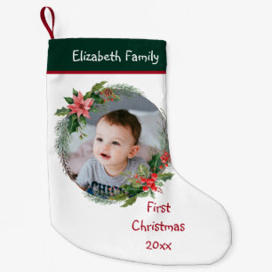 Custom Baby's Photo First Xmas - Naam Jaar Groen Kleine Kerstsok