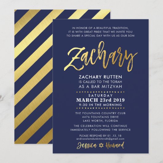 CUSTOM Bar Mitswa moderne marine + goud ZACHARY Kaart (Voorkant / Achterkant)