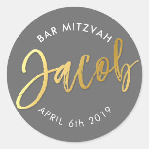 CUSTOM Bar Mitswa voor Jacob grijs + faux goud Ronde Sticker
