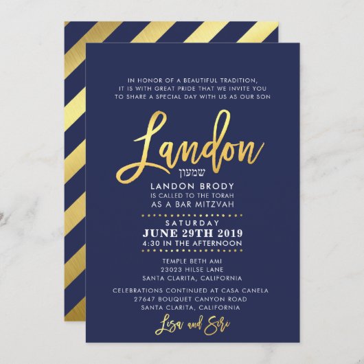 CUSTOM Bar Mitzvah Invitation marine bleu + or LAN (Devant / Derrière)