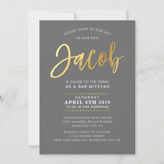 CUSTOM Bar Mitzvah Invitation pour Jacob grey + or (Devant)