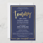 CUSTOM Bar Mitzvah Invitation pour Tommy navy + or (Devant)