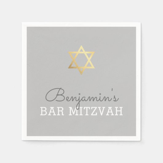 CUSTOM Bar Mitzvah modern gouden ster grijs Servetten (Voorkant)