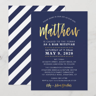 CUSTOM Bar Mitzvah moderne marine + gouden naam MA Kaart