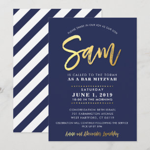 CUSTOM Bar Mitzvah moderne marine + gouden naam SA Kaart