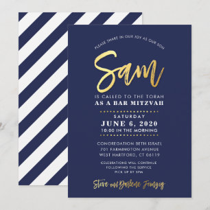 CUSTOM Bar Mitzvah moderne marine + gouden naam SA Kaart