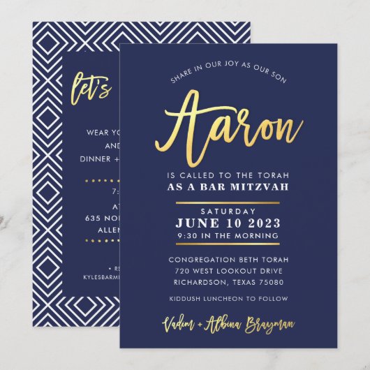 CUSTOM Bar Mitzvah moderne marine + goudnaam AARON Kaart (Voorkant / Achterkant)