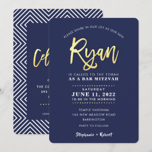 CUSTOM Bar Mitzvah moderne marine + goudnaam RYAN  Kaart