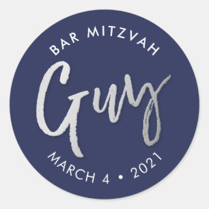 CUSTOM Bar Mitzvah moderne marine zilveren naam GU Ronde Sticker