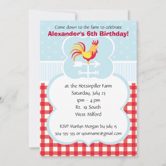 Custom Barnyard Rooster Birthday Party Kaart (Voorkant)