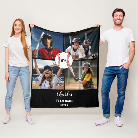 Custom Baseball Photo Collage with Name & Year Fleece Deken (In situ)