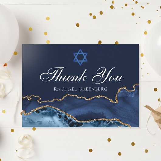Custom Bat Mitzvah Elegant Marine Blauw Gouden Aga Bedankkaart