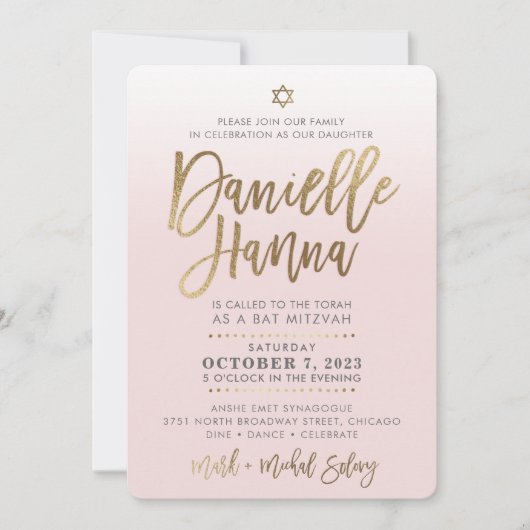 CUSTOM Bat Mitzvah Noteer bleek roze goud DANIELLE Kaart (Voorkant)