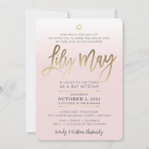 CUSTOM Bat Mitzvah Noteer bleek roze goud LILY MAY Kaart