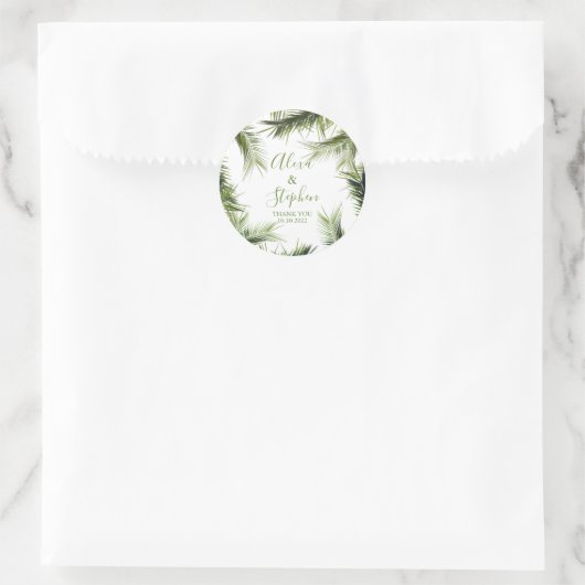 Custom Bedankt Palm Leaves Tropical Wedding Ronde Sticker (Tas)