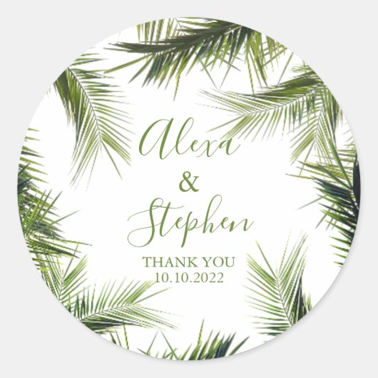Custom Bedankt Palm Leaves Tropical Wedding Ronde Sticker (Voorkant)
