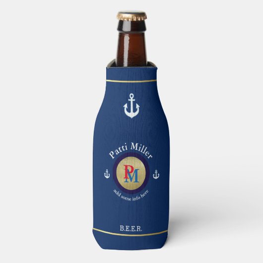 Custom Beer Monogram (naam & initialen), nautisch Flesjeskoeler (Fles Voorkant)