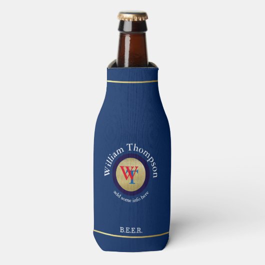 Custom Beer Monogram (naam & initialen) op blauw Flesjeskoeler (Fles Voorkant)