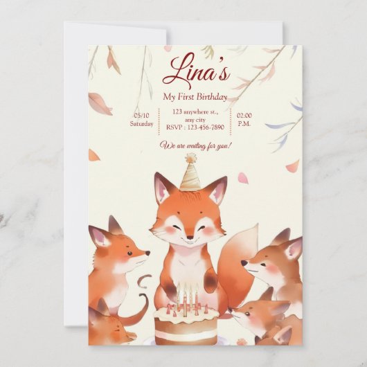 Custom Birthday Invitation with Cute Foxes (Devant)
