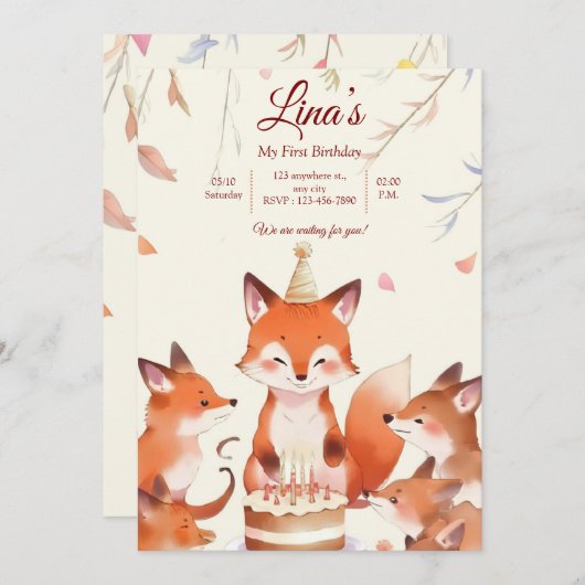 Custom Birthday Invitation with Cute Foxes (Devant / Derrière)