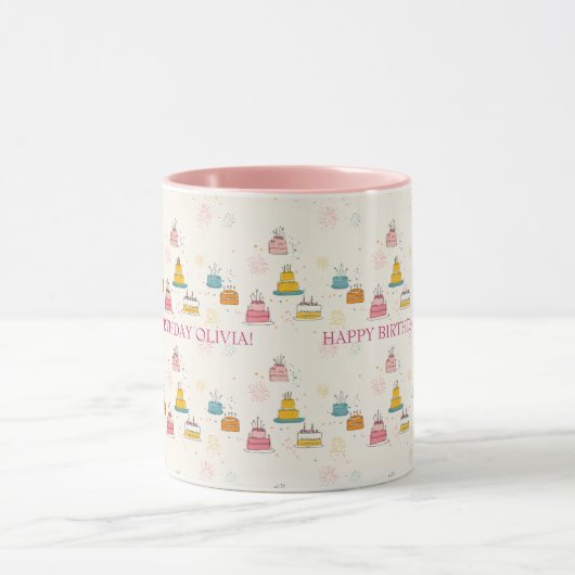 Custom Birthday Mug – Floating Cakes & Confetti (Centre)