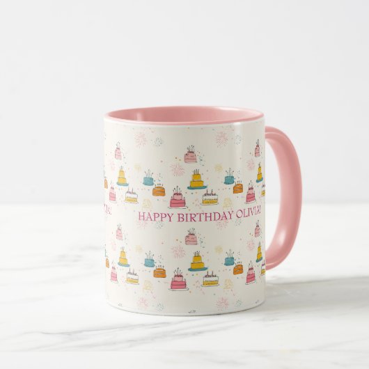 Custom Birthday Mug – Floating Cakes & Confetti (Devant droit)