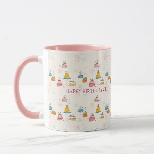Custom Birthday Mug – Floating Cakes & Confetti Mok (Links)