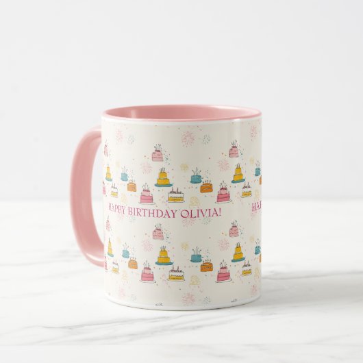 Custom Birthday Mug – Floating Cakes & Confetti Mok (Voorkant links)