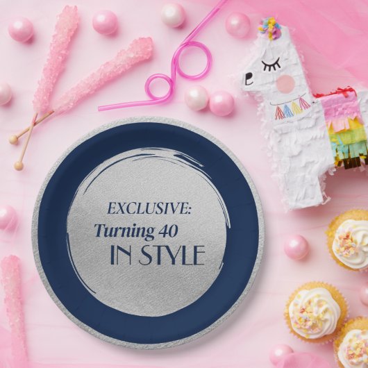 Custom Birthday Party Plates, Modern Blue Silver Papieren Bordje (Feest)