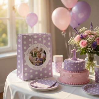 Custom Birthday Photo & Purple Polka Dot Medium Cadeauzakje
