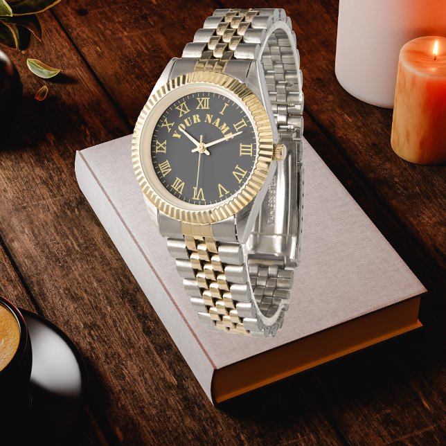 Custom Black Monogrammed Gold Silver Tone Bracelet Horloge (Creator heeft geüpload)