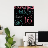 Custom Black Sweet 16 Birthday Party Wall Decor Poster (Thuiskantoor)