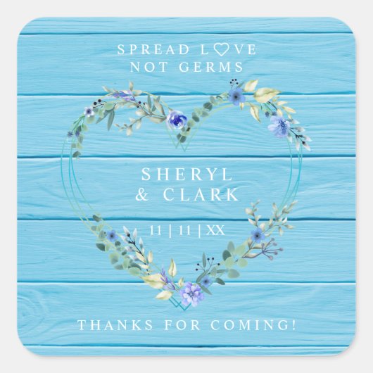 Custom Blauw Hout Bloemen Hart Bruiloft Sanitizer Vierkante Sticker (Voorkant)