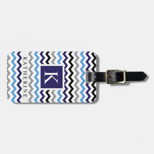 Custom Blauw Zwart Wit Grijs Chevron Patroon Bagagelabel (Voorkant horizontaal)