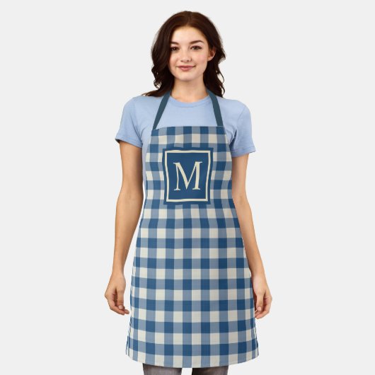 Custom Blauwgroen Blue Ivory Gingham Pattern Schort (Gedragen)