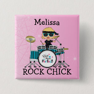 Custom Blonde Drummer Girl met sterren op roze Vierkante Button 5,1 Cm