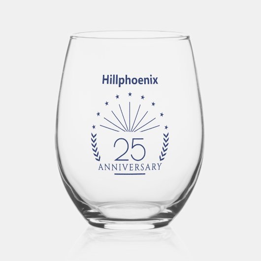 Custom Blue 25th Wedding Anniversary Typograph Ste Wijnglas Zonder Voet (Voorkant)