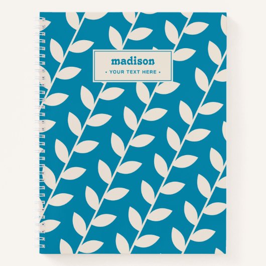 Custom Blue 70s Retro Leaf Patroon Monogram Notitieboek (Voorkant)