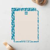 Custom Blue 70s Retro Leaf Patroon Monogram Notitiekaartje (Voorkant / Achterkant in situ)