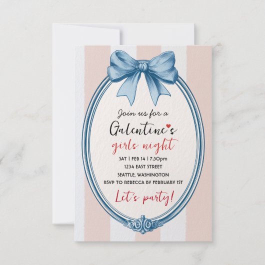 Custom Blue Bow Galentines Party Invitation (Devant)