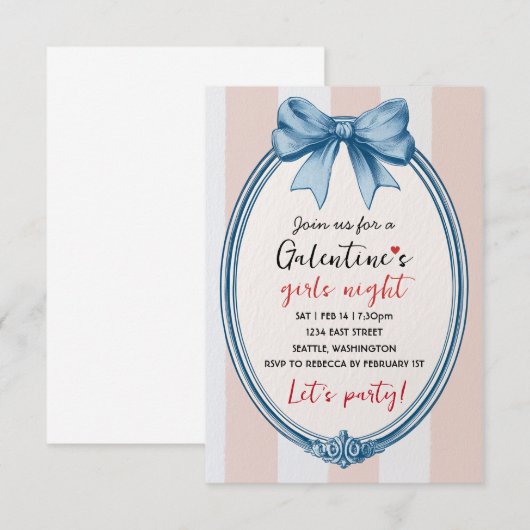 Custom Blue Bow Galentines Party Invitation RSVP Kaartje (Voorkant / Achterkant)