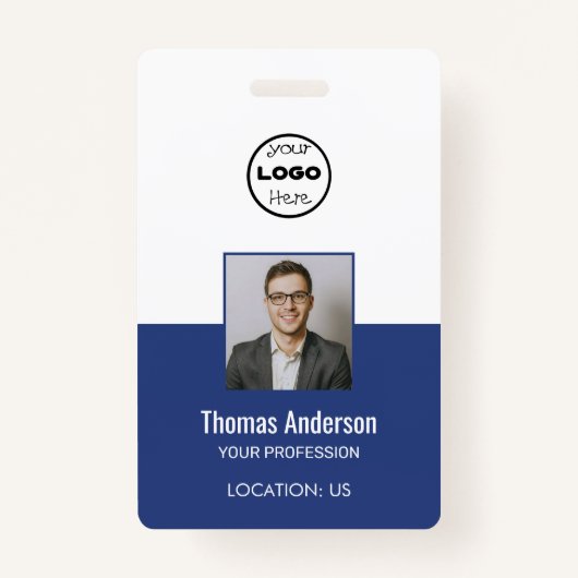 Custom Blue Business Logo Employee Photo ID Badge (Voorkant)