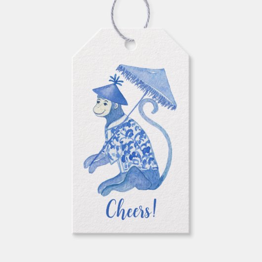 Custom Blue Chinoiserie Monkey Cadeaulabel (Voorkant)