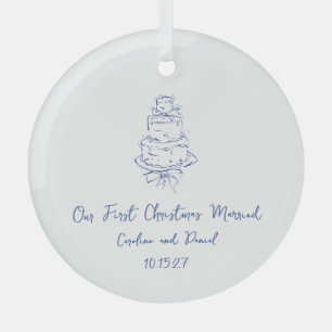 Custom Blue Doodle Cake Eerste Kerstmis Getrouwd Glas Ornament