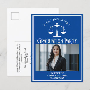 Custom Blue Law School Afstuderen Photo Party Uitnodiging Briefkaart