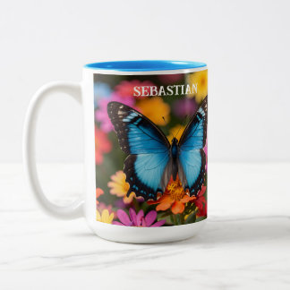 Custom Blue Morpho Butterfly Floral Botanical Tweekleurige Koffiemok