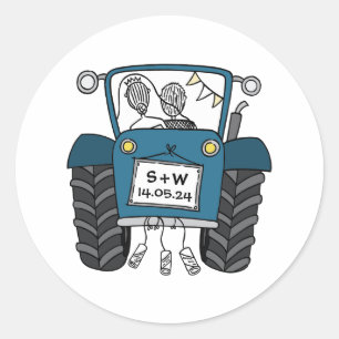 Custom Blue Tractor Country Barn Rustieke bruiloft Ronde Sticker