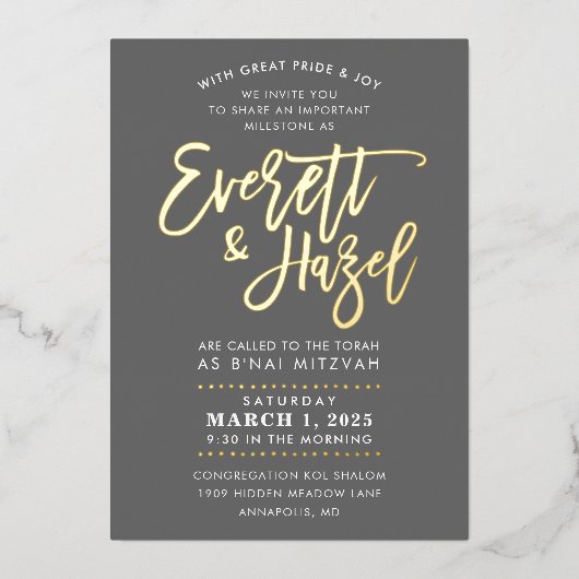 CUSTOM B'nai Mitzvah imitation Gold scriptnaam Folie Uitnodiging (Voorkant)