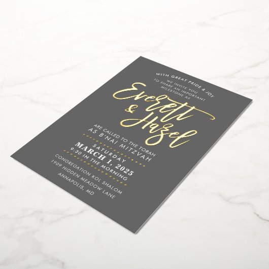 CUSTOM B'nai Mitzvah imitation Gold scriptnaam Folie Uitnodiging (Gedraaid)