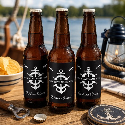 Custom Boat Name Ship’s Wheel Anchor Nautical Cool Bier Etiket
